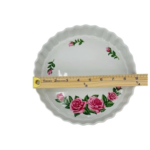 CHRISTINEHOLM Quiche Tart Pie Dish Porcelain Rose Fluted Dish Bakeware 9” Vtg - Picture 4 of 6